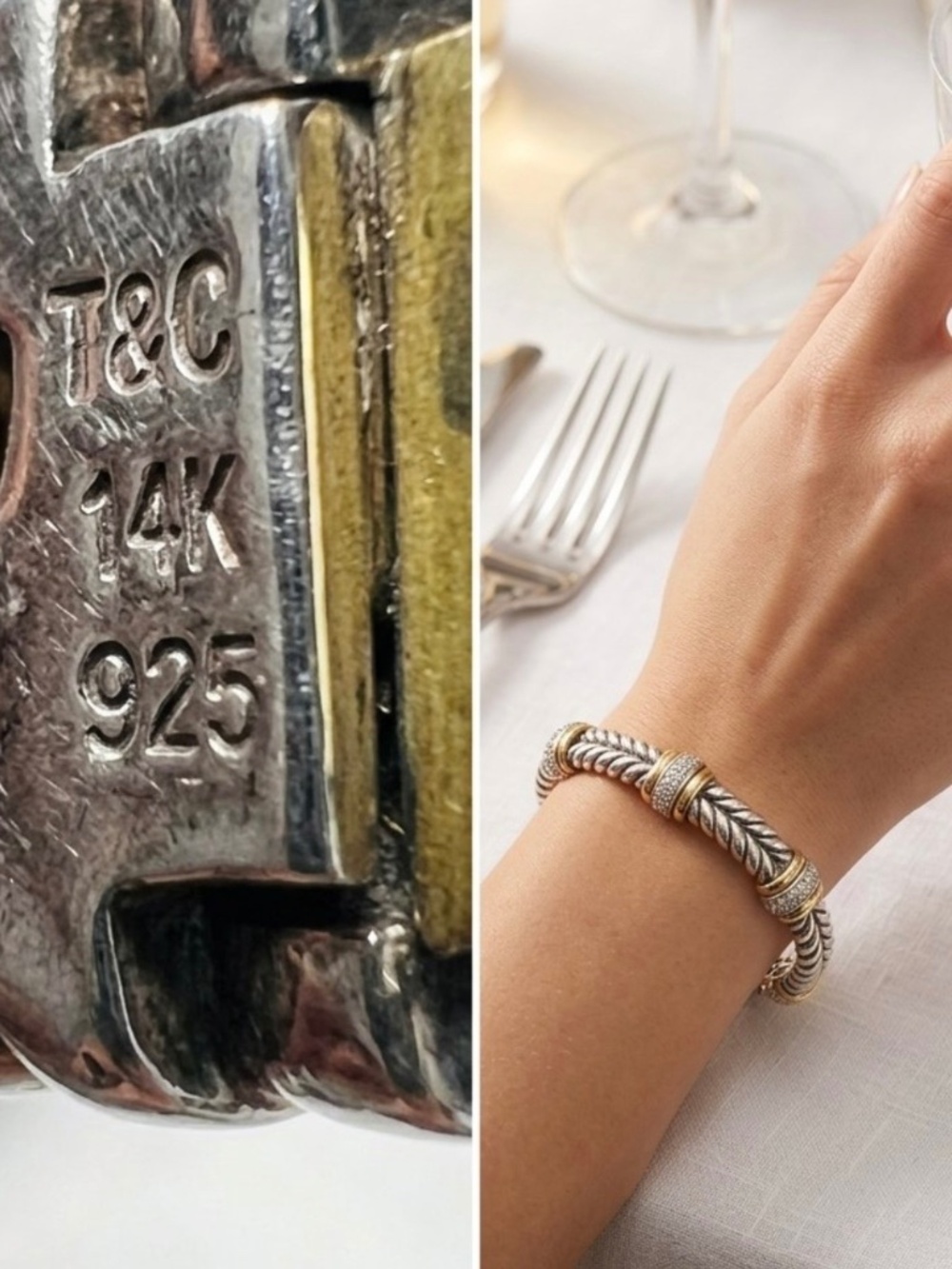 VTG Town & Country T&C 14K Gold 925 Sterling Silver Diamond Hinged Cable Bangle